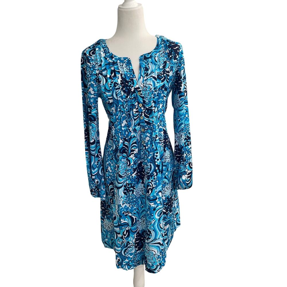 Lilly Pulitzer Blue Swirl Print Swing Dress Sz M Coastal- Resort Wear UPF 50
